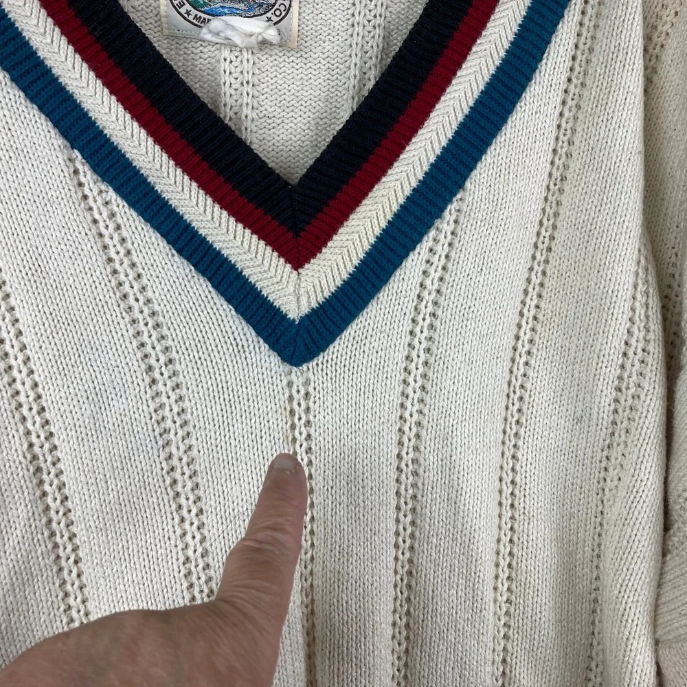 Vintage V-Neck Tennis Sweater Mens 3XL Cream‎ USA Cable Knit Striped Preppy